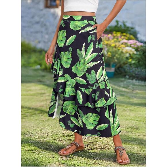 Ezcosplay Women High Waisted Hawaiian Tropical Floral Maxi Skirt Ruffle - Picture 5 of 13